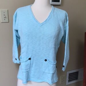 Lulu-B V-neck Turquoise 3/4 Sleeve Cotton Sweater w/Rolled Cuffs, Hem & Neck S/M
